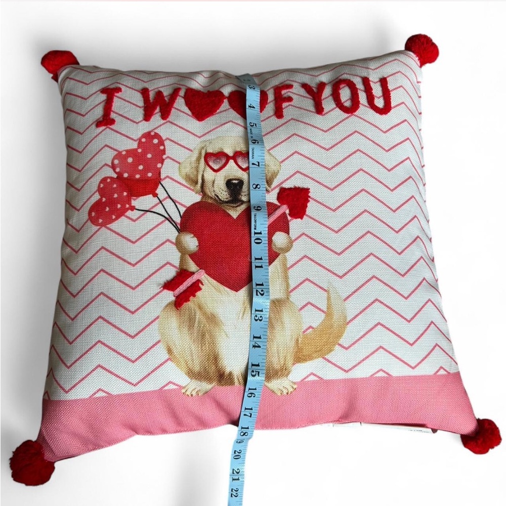 Valentines Dog Decorative Pillow, Red Pink and White, “I Woof You” - Picture 5 of 5